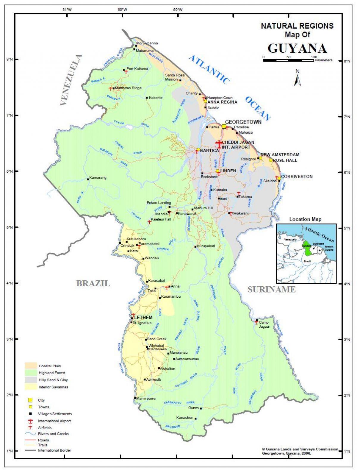 քարտեզ Գայանա, ցույց է 4 բնական տարածաշրջանների