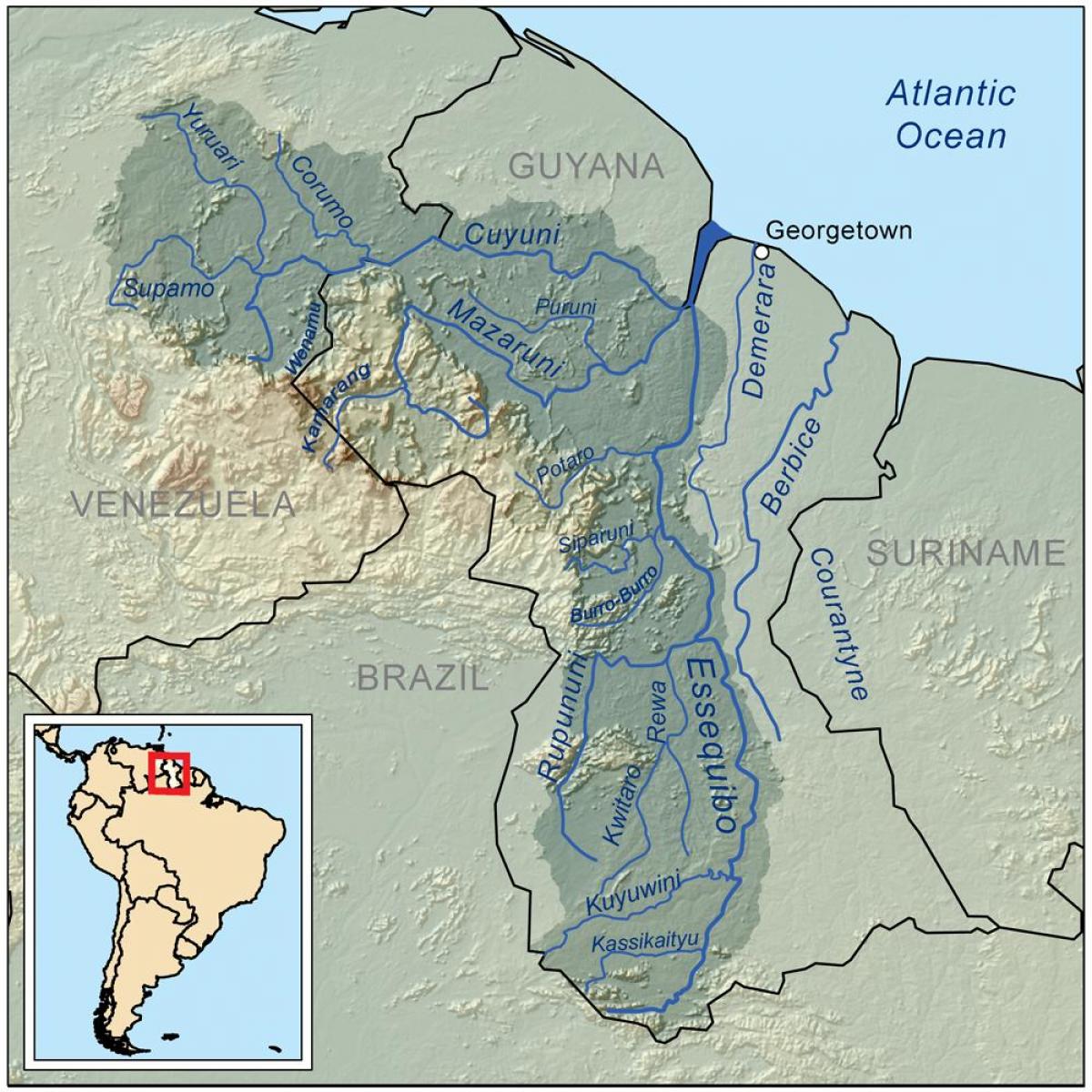 քարտեզ Գայանա, ցույց տալով երեք հիմնական գետերի