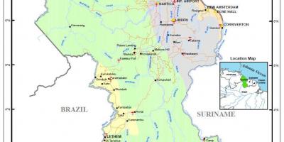 Քարտեզ Գայանա, ցույց է 4 բնական տարածաշրջանների