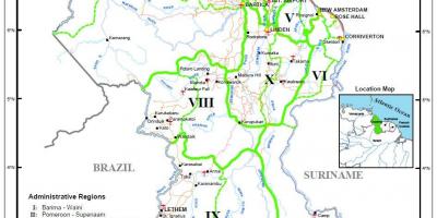 Քարտեզ Գայանա, ի ցույց տալով տասը վարչական շրջաններում